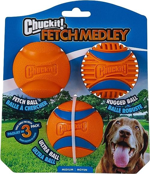 Chuckit! Pelota para perro Fetch Ball Medley, paquete de 3 bolas ultra resistentes